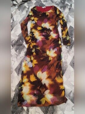 kathy ireland Long Sleeve Floral Maxi Dress in Brown, Yellow & Purple